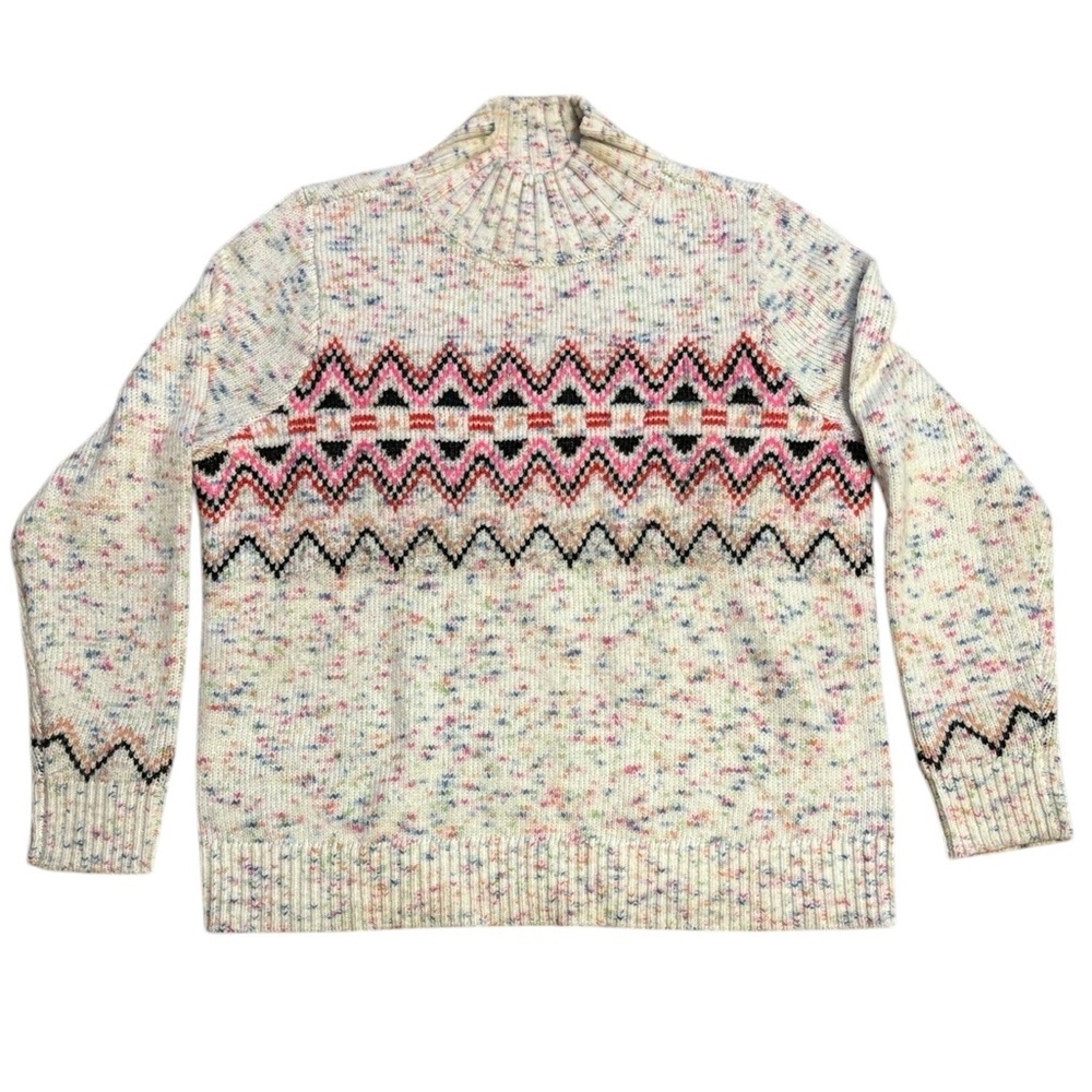 LOFT Flecked Fair Isle Mock Turtleneck Sweater White Multi Size L